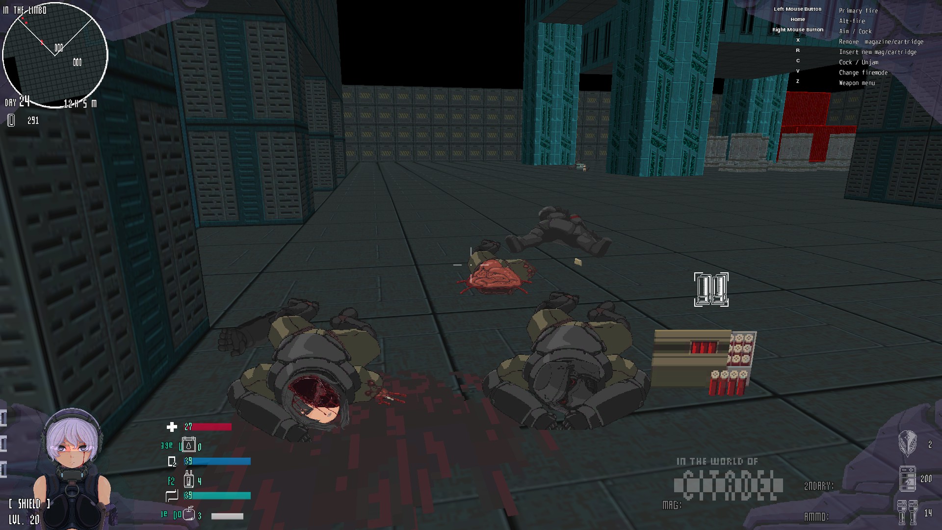 An in-game screenshot showing deceased enemies, many are missing limbs, intestines are exposed in one, who has been bisected.