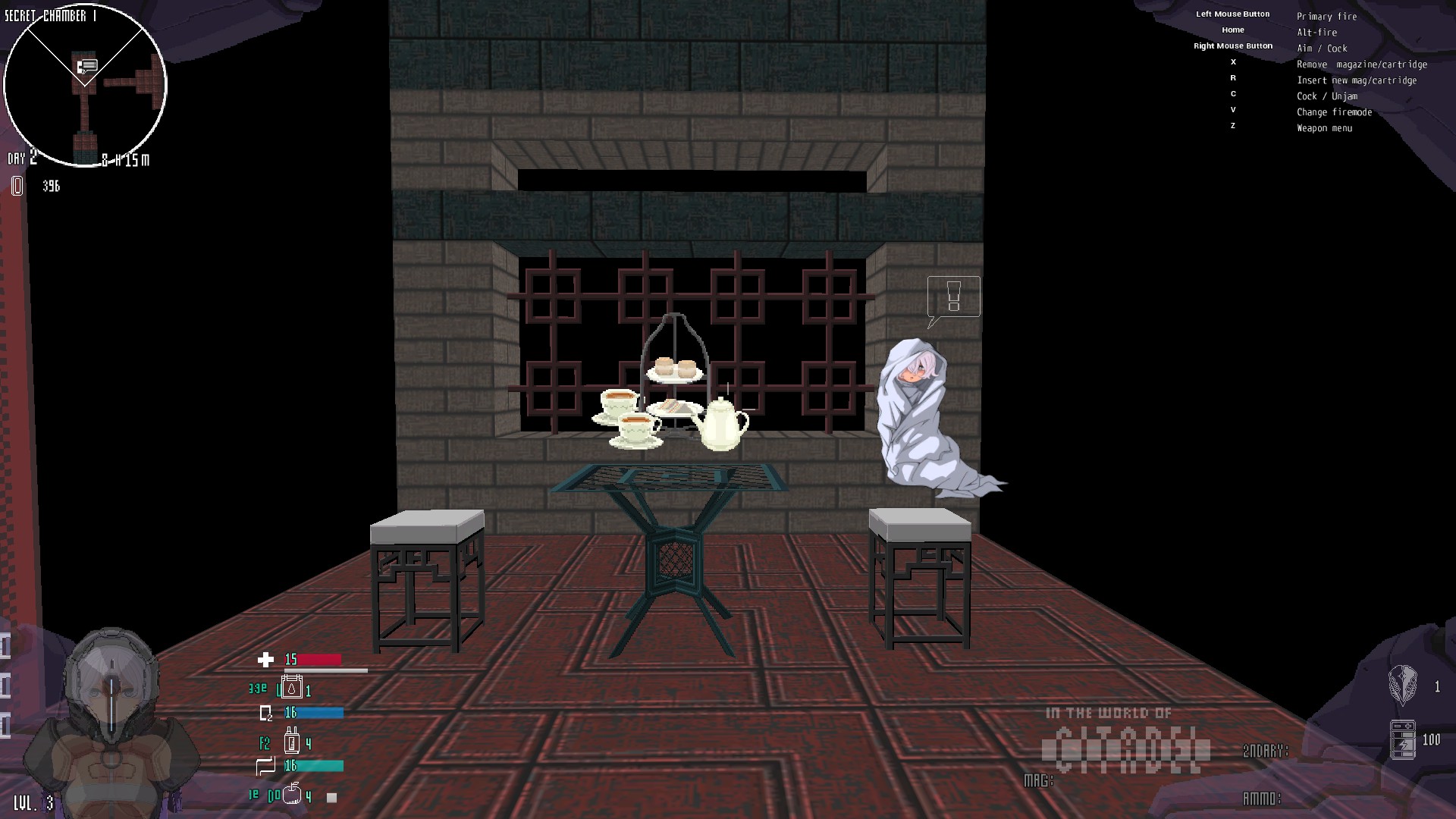 An in-game screenshot of Elulu, the Martyr's brother, in one of the secret areas between levels.