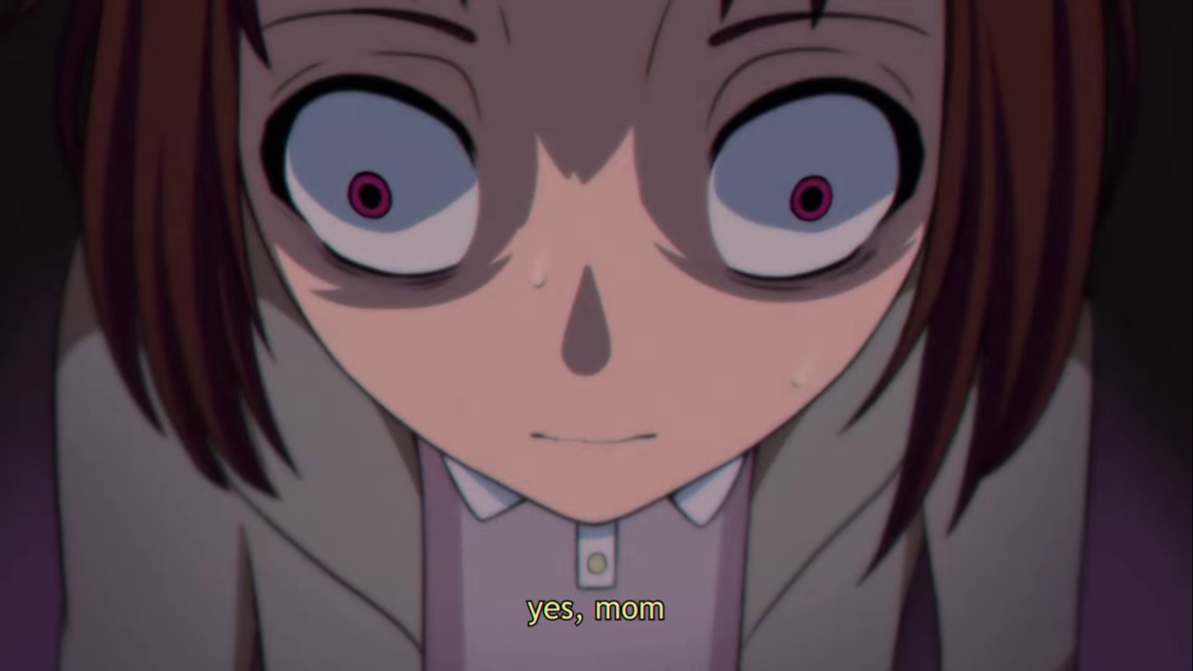 Photo of the protagonist of Milk, she looks distressed. The caption reads: "yes, mom"