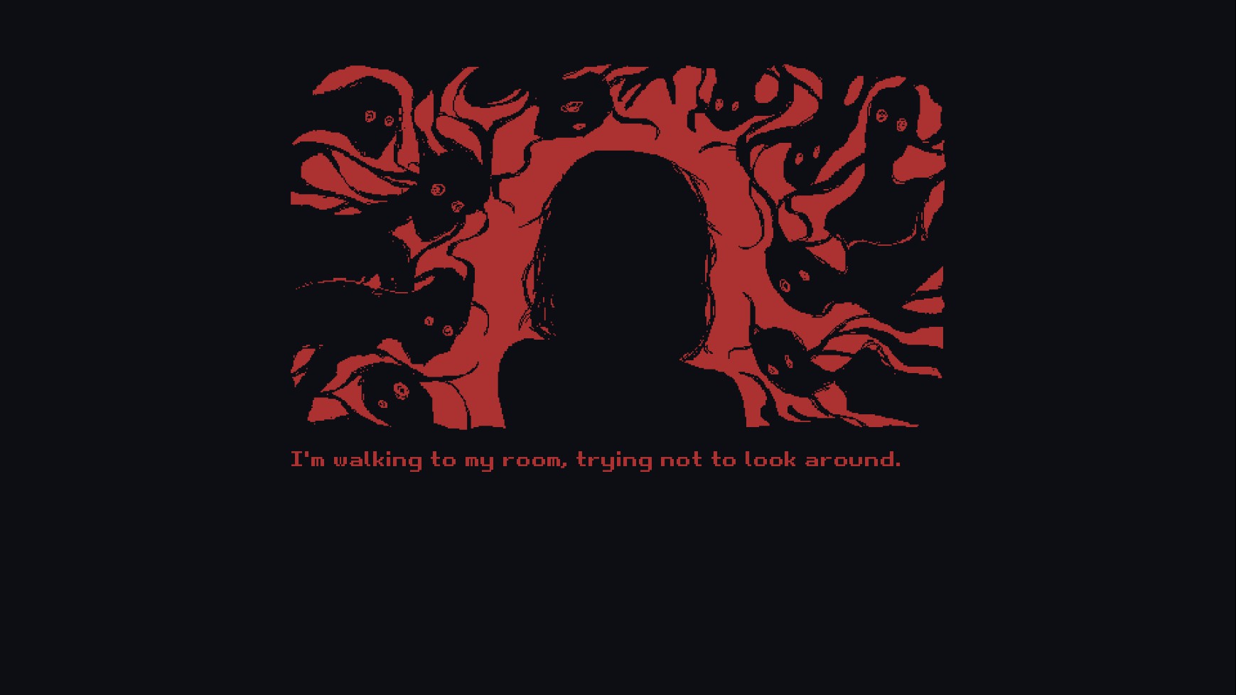 A screenshot of the protagonist of Milk surrounded by black red-eyed ghosts. The caption reads "I'm walking to my room. Trying not to look around."