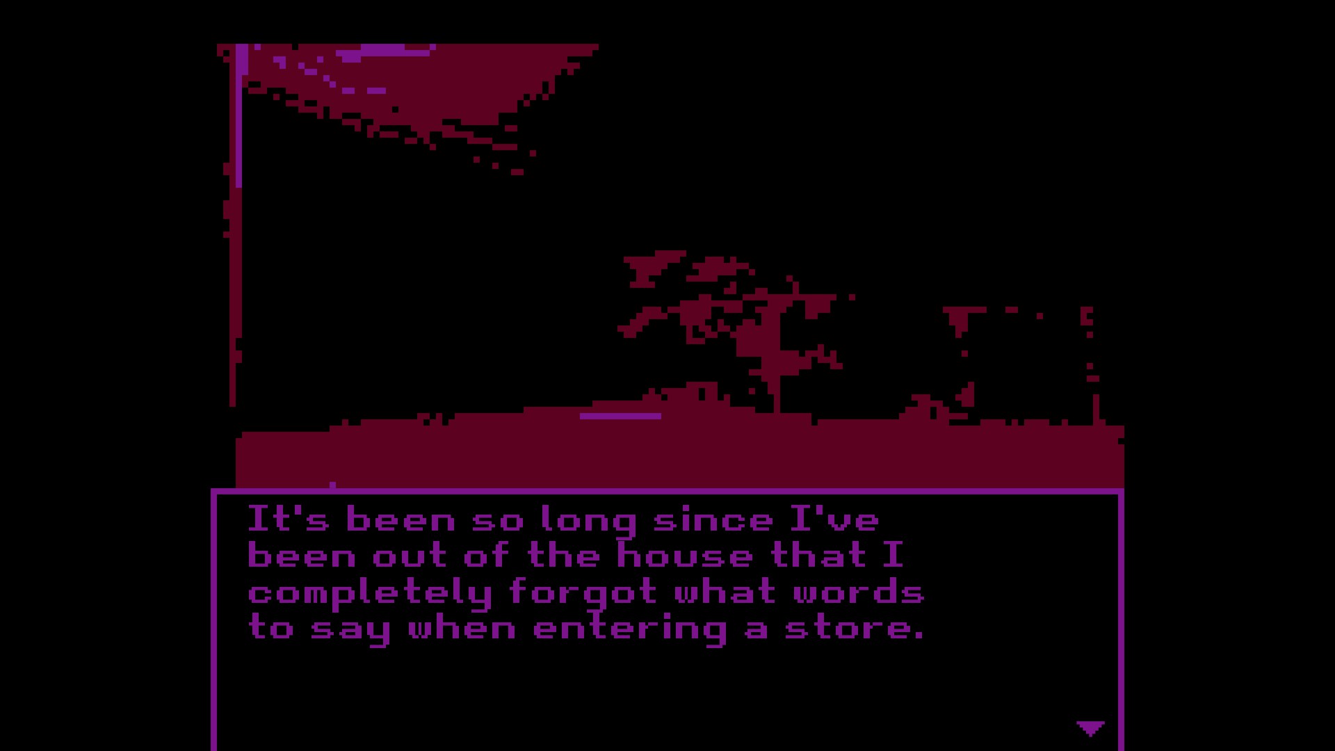 a screenshot of a gas station from milk. the text box reads "it's been so long since i've been out of the house that I completely forgot what words to say when entering a store."