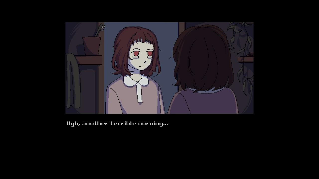 the protagonist of milk stares dejectedly into a mirror, she says : "ugh, another terrible morning."