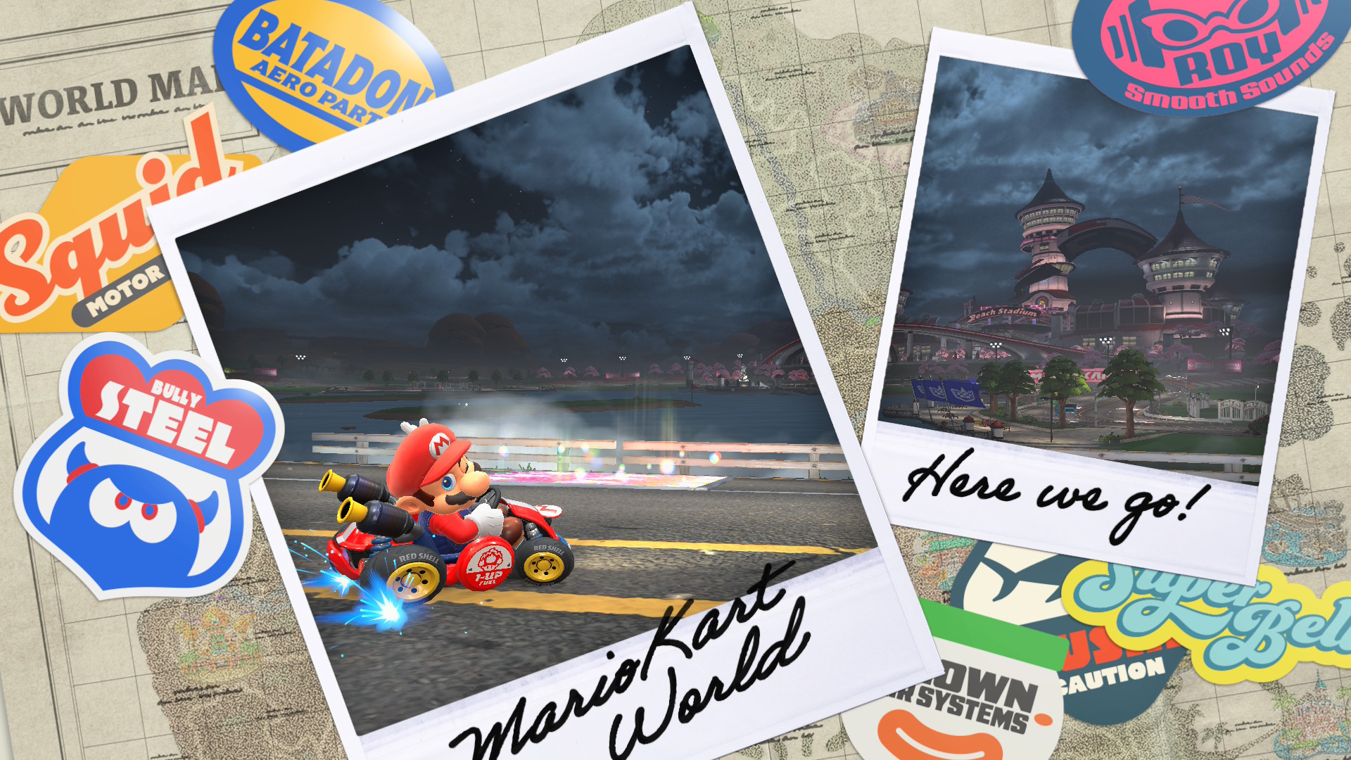 Polaroid photographs of Peach Stadium and Mario in his kart.
