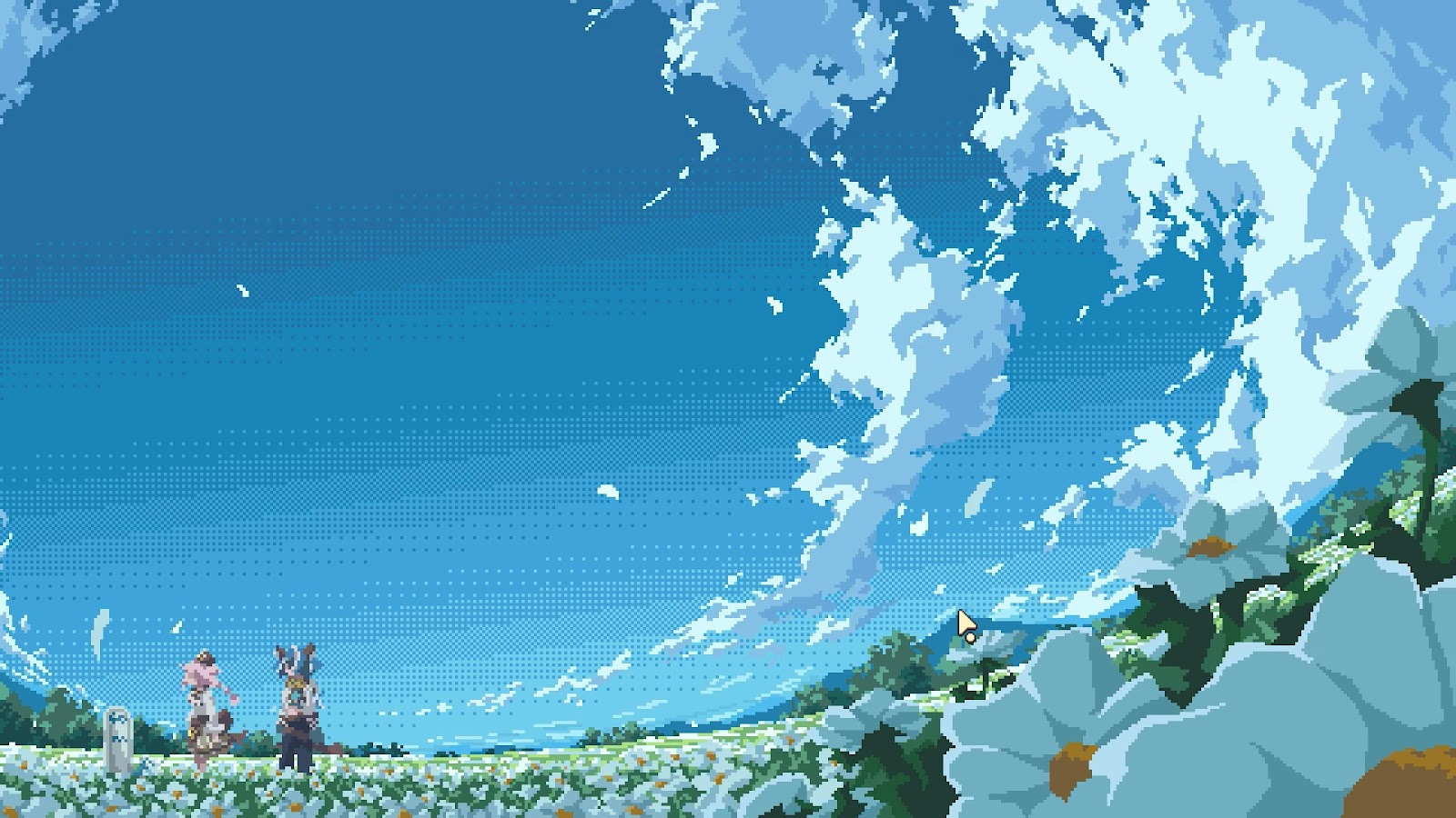Two girls stand at a grave, under a blue sky, amid a field of white flowers