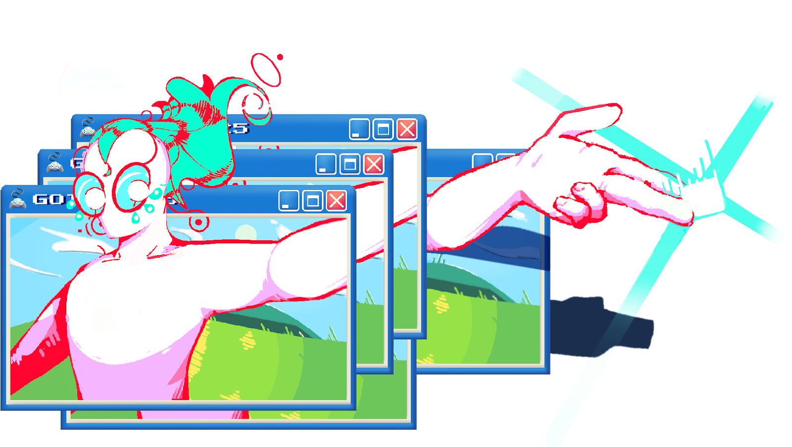 A robotic character stretching its arm through Windows XP windows.