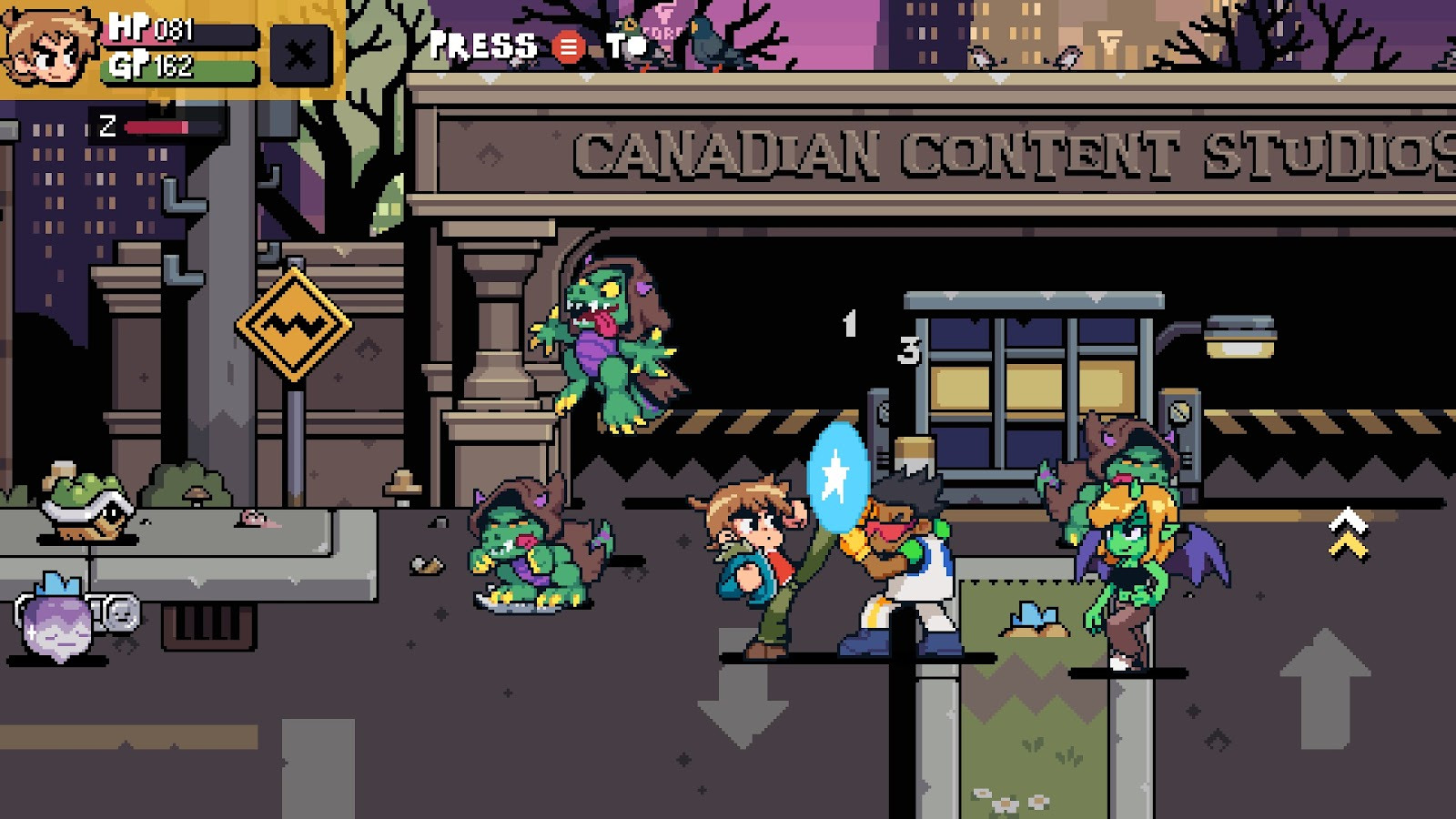 Scott Pilgrim fighting vegans and demons on the streets of Toronto.