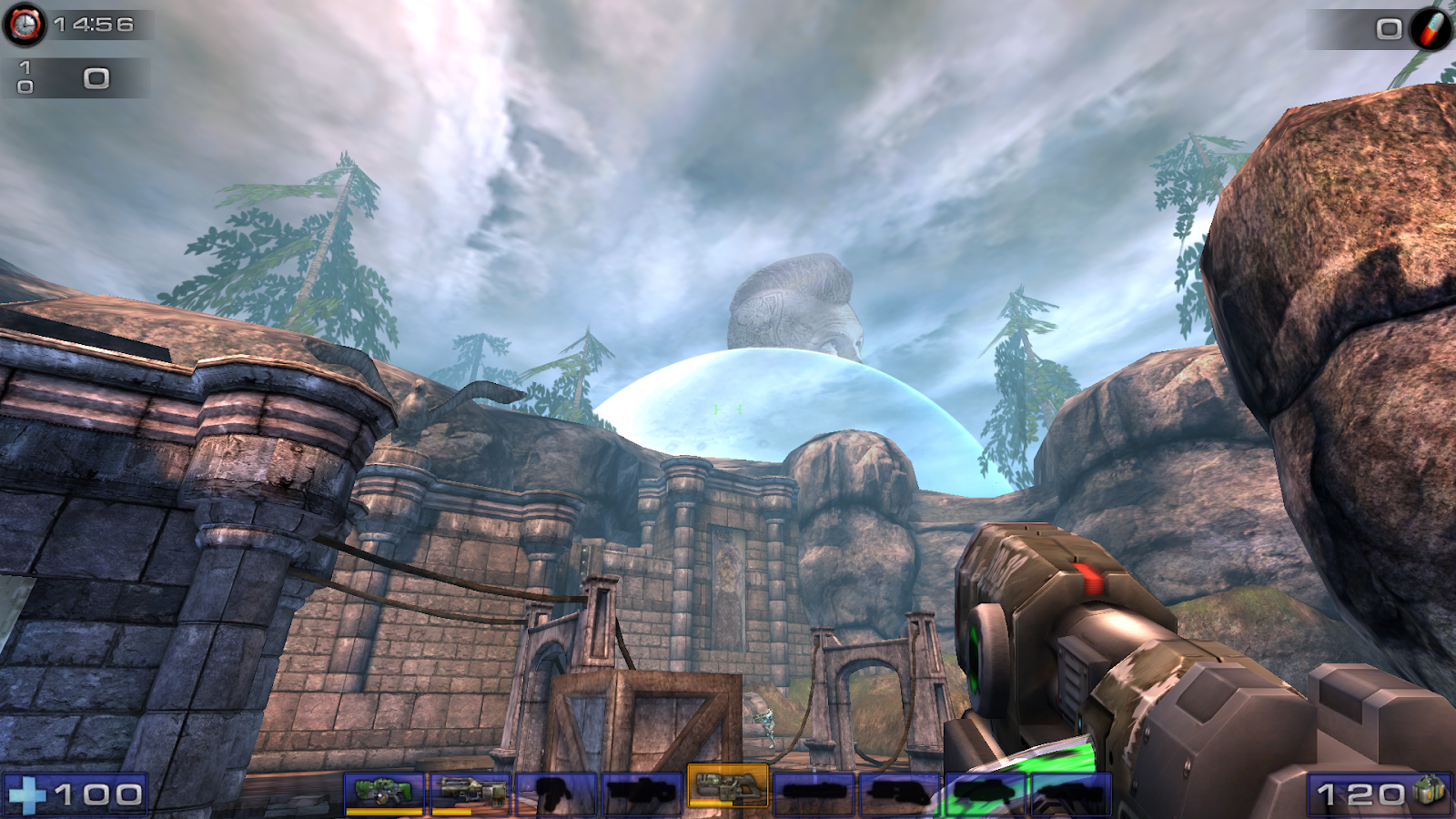 A screenshot of Unreal Tournament 2004 set in a ruined temple; the Call of Duty: Black Ops 4 cover art has been edited into the skybox