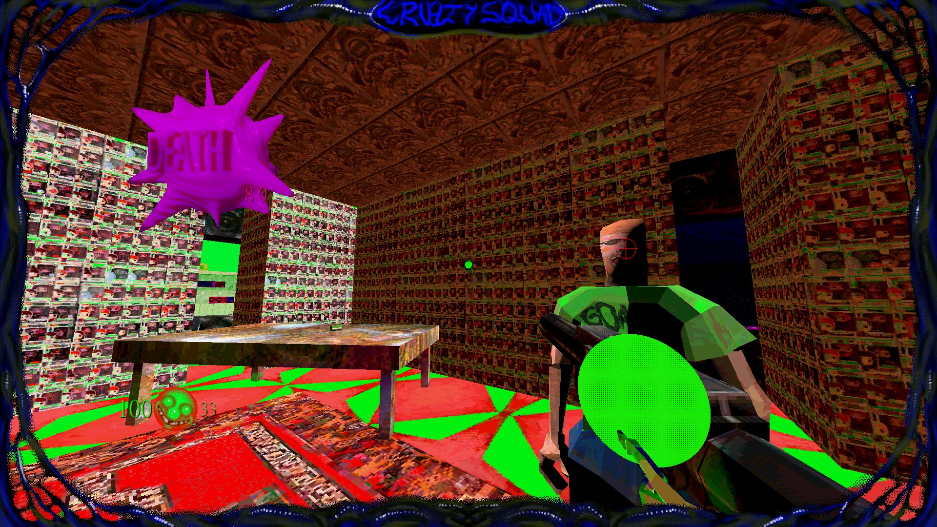 An NPC's room in Cruelty Squad; the walls are entirely covered in "Chunkopops" 