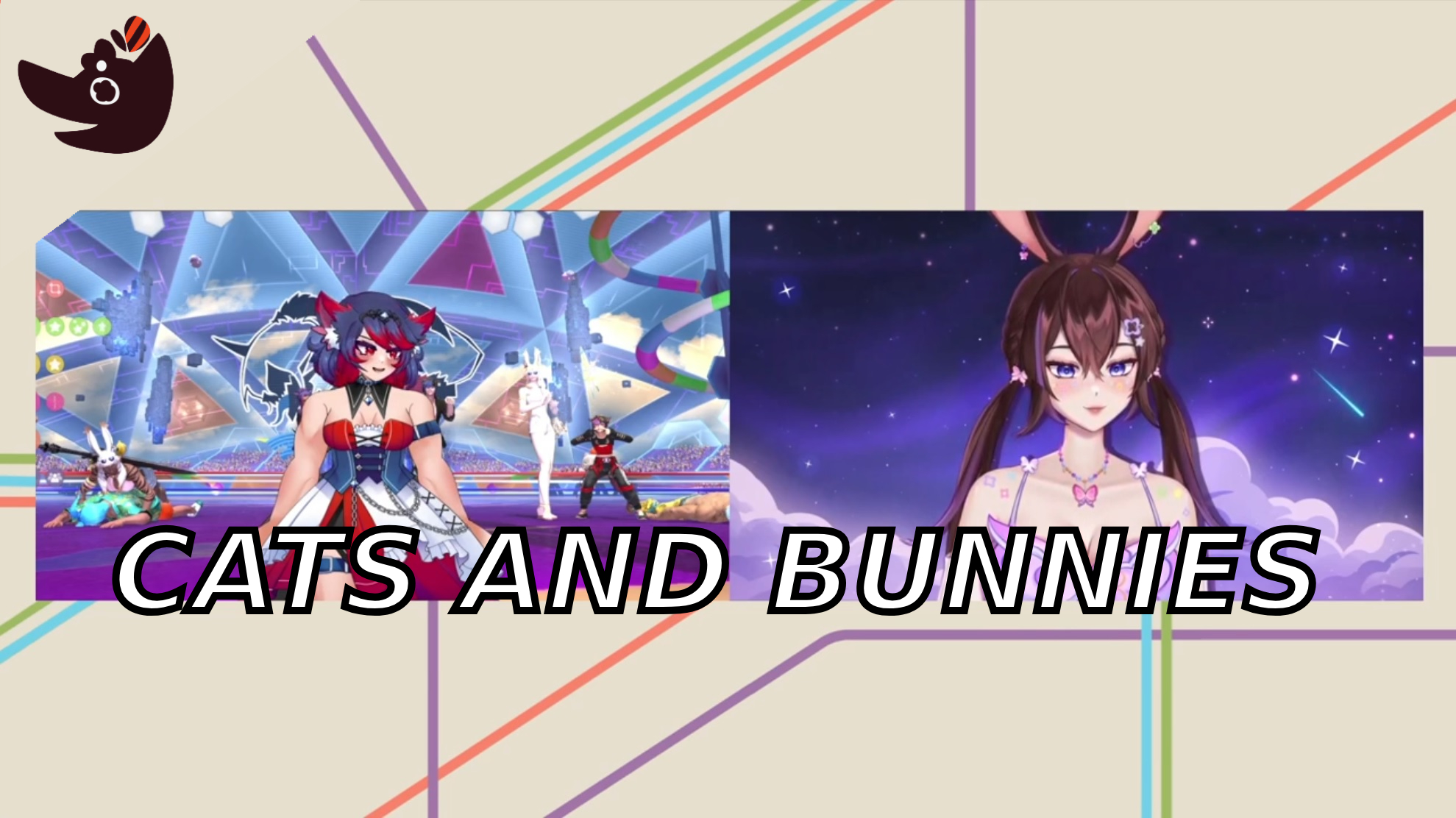 an image of 2 vtubers, one a catgirl and one a rabbit girl with the text cats and bunnies