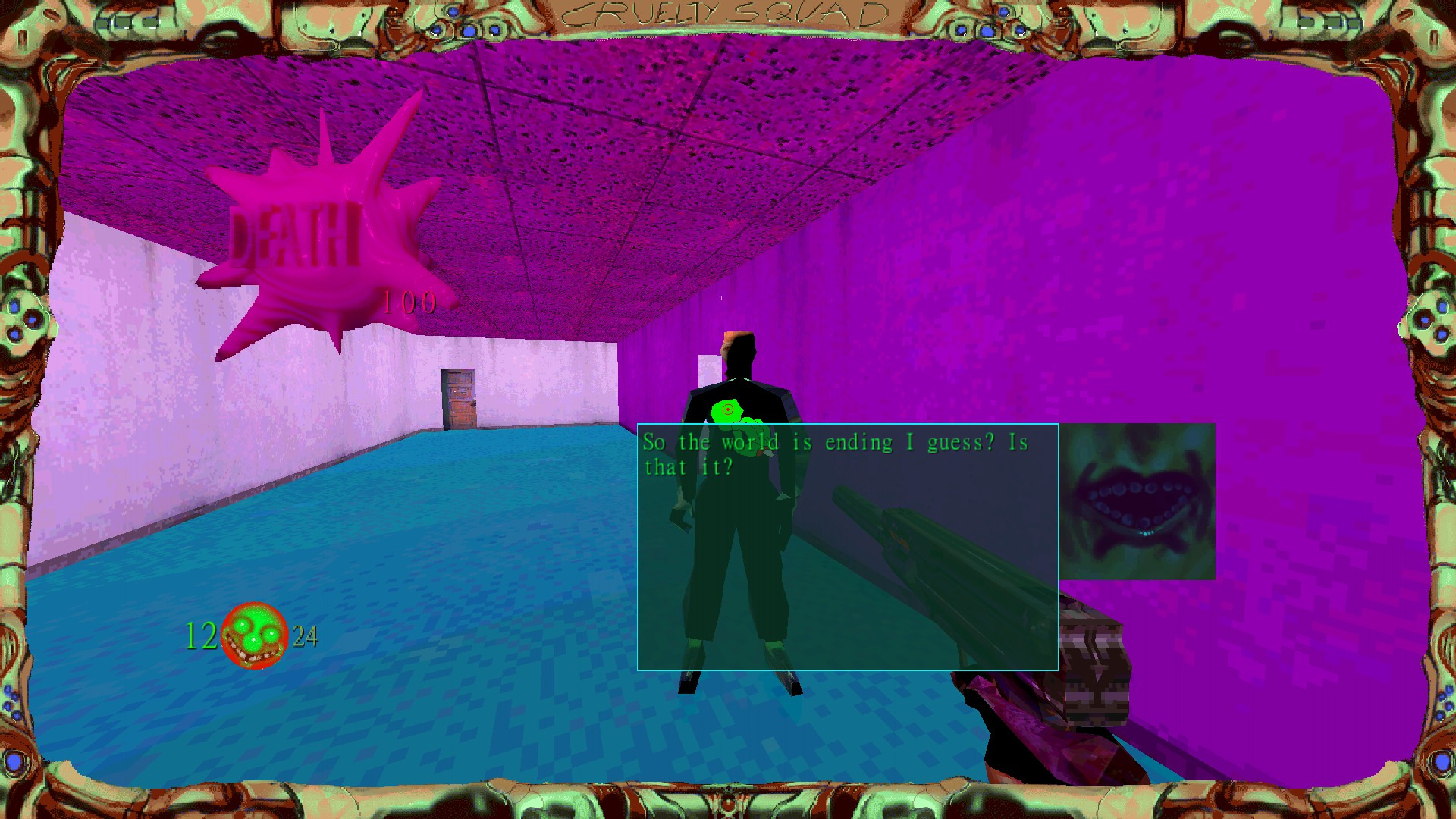 A conversation with an NPC. The text reads, "so the world is ending I guess? Is that it?"