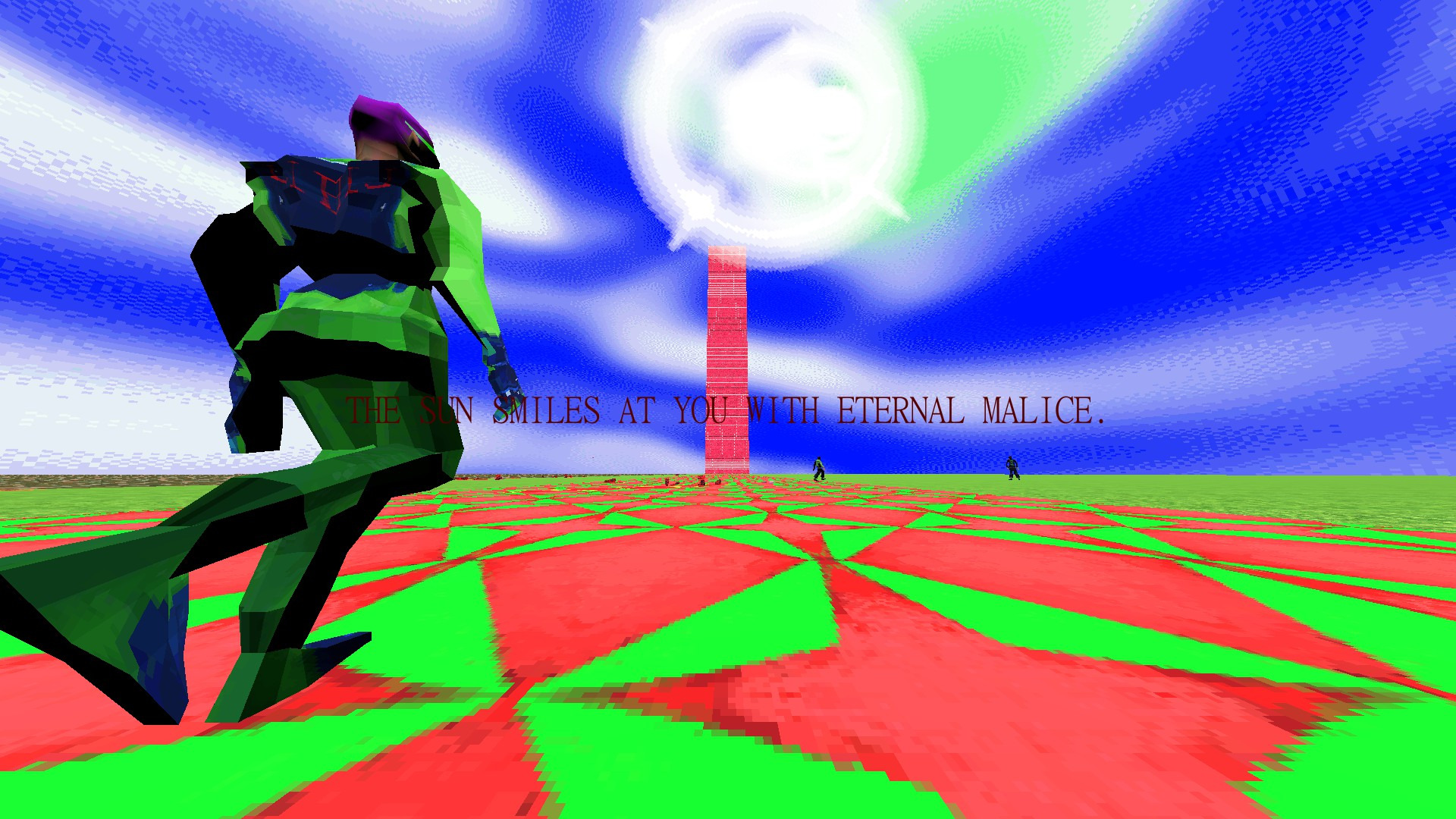 a screenshot of cruelty squad. The protagonist walks towards a wall forever in the distance. the text reads " the sun smiles at you with eternal malice"