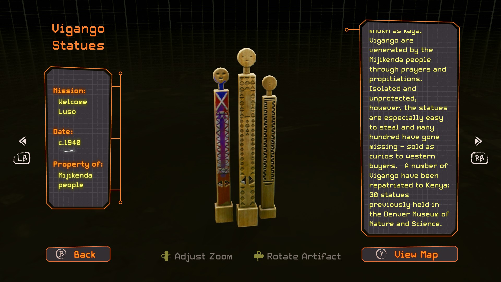 Codex entry for the Vigango Statues in Relooted.