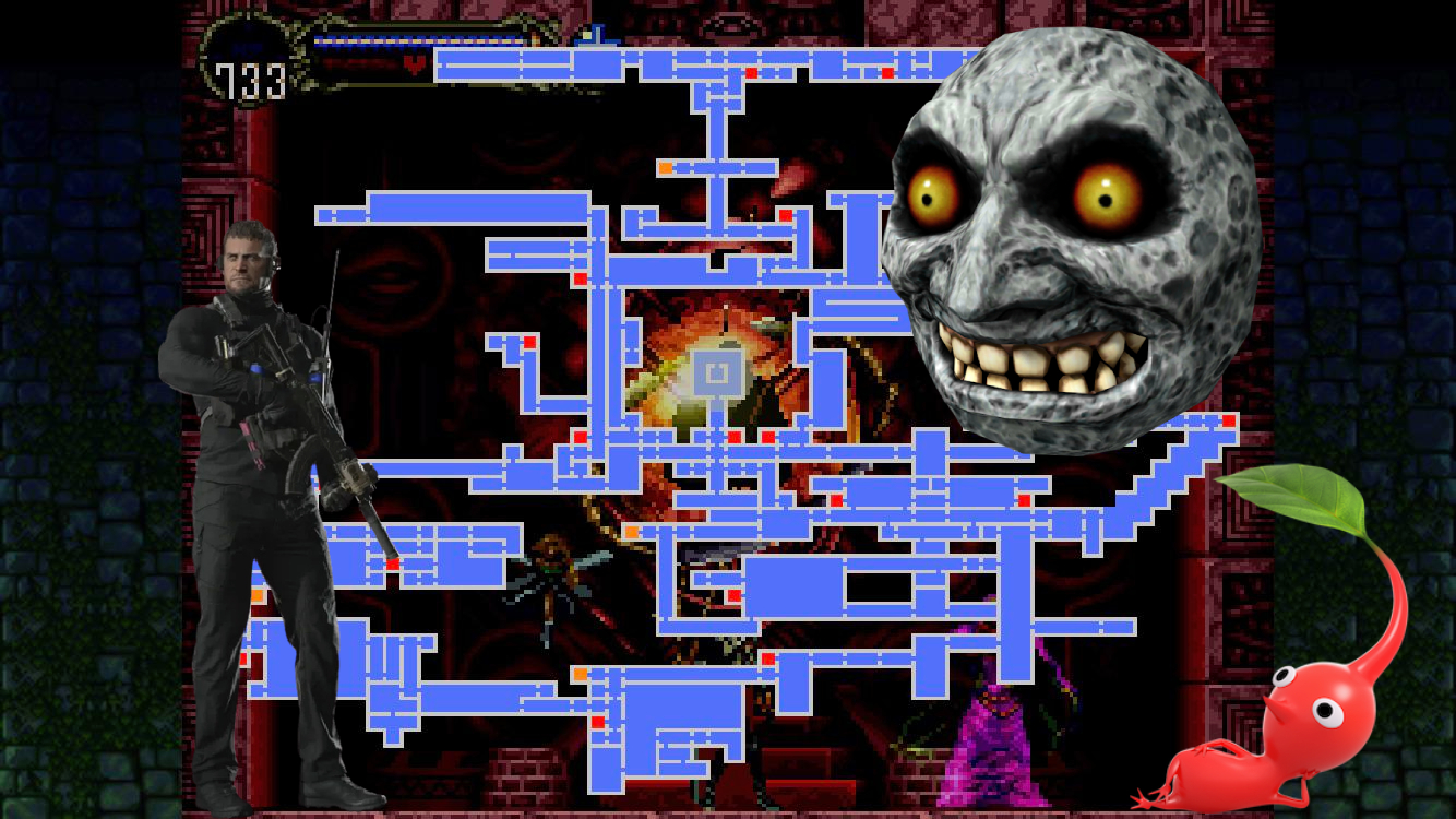 A map of the upside down castle in Symphony of the night with the moon from majora's mask flying in over a lounging red pikmin and chris redfield with a gun on the other side