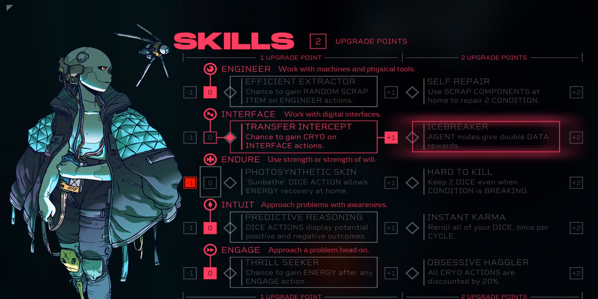 Citizen Sleeper skills screen.
