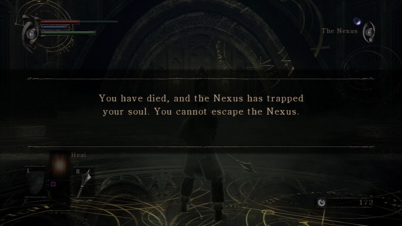Demon's Souls screen: "You have died, and the Nexus has trapped your soul. You cannot escape the nexus."