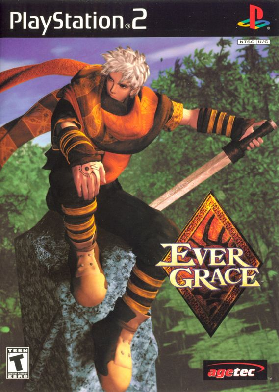 Box art for Evergrace. One of the game's protagonists sits upon a marble stone. He has a prominent scarf, white hair, and a double-edged sword.