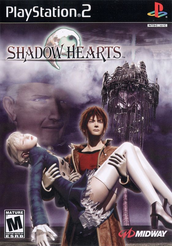 The cover image for Shadow Hearts. The protagonist carries an unconscious woman in his arms. A eldritch city looms over the both of them. A ghostly image of a very normal man is behind the two of them.