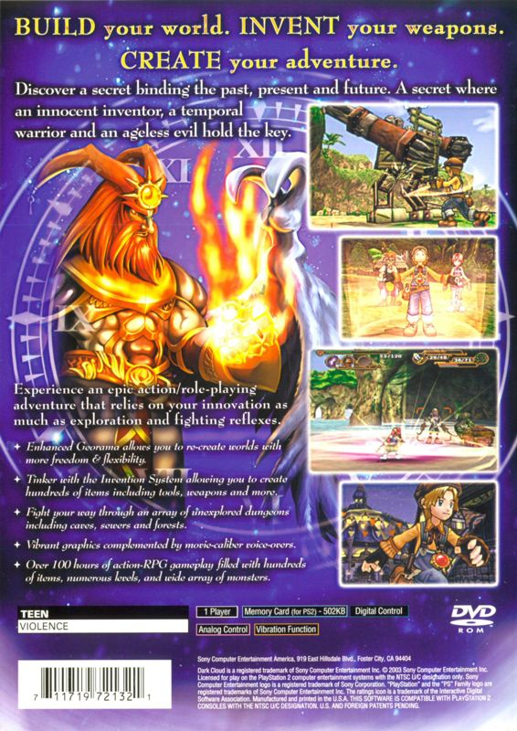The rear case of Dark Cloud 2. Four distinct cel-shaded images are displayed upon the box. A horned man holding fire in his palm takes up the rest of the box.