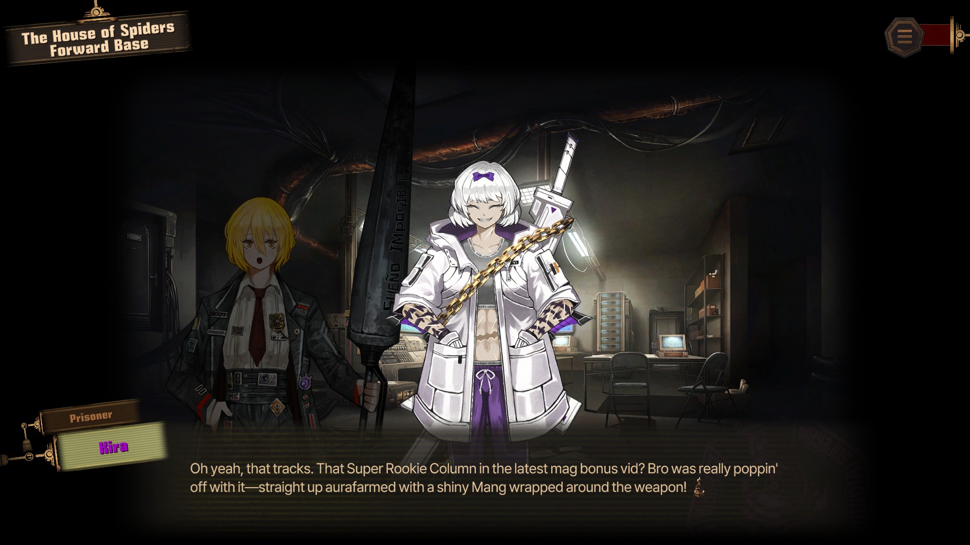 Kira says "Oh yeah, that tracks. That Super Rookie Column in the latest mag bonus vid? Bro was really poppin' off with it—straight up aurafarmed with a shiny Mang wrapped around the weapon!"