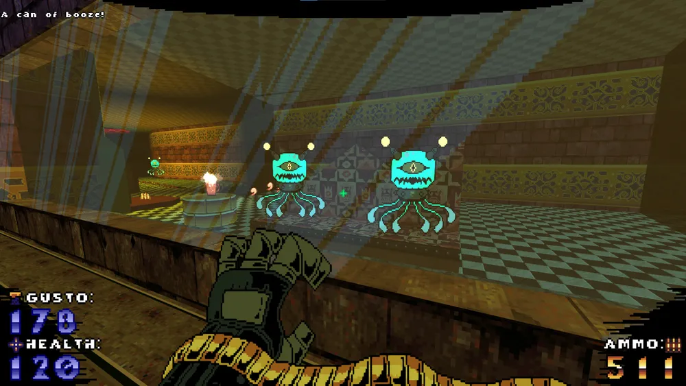 in game screenshot. Two blue aliens sit on an ancient bench drinking a frothy beer.