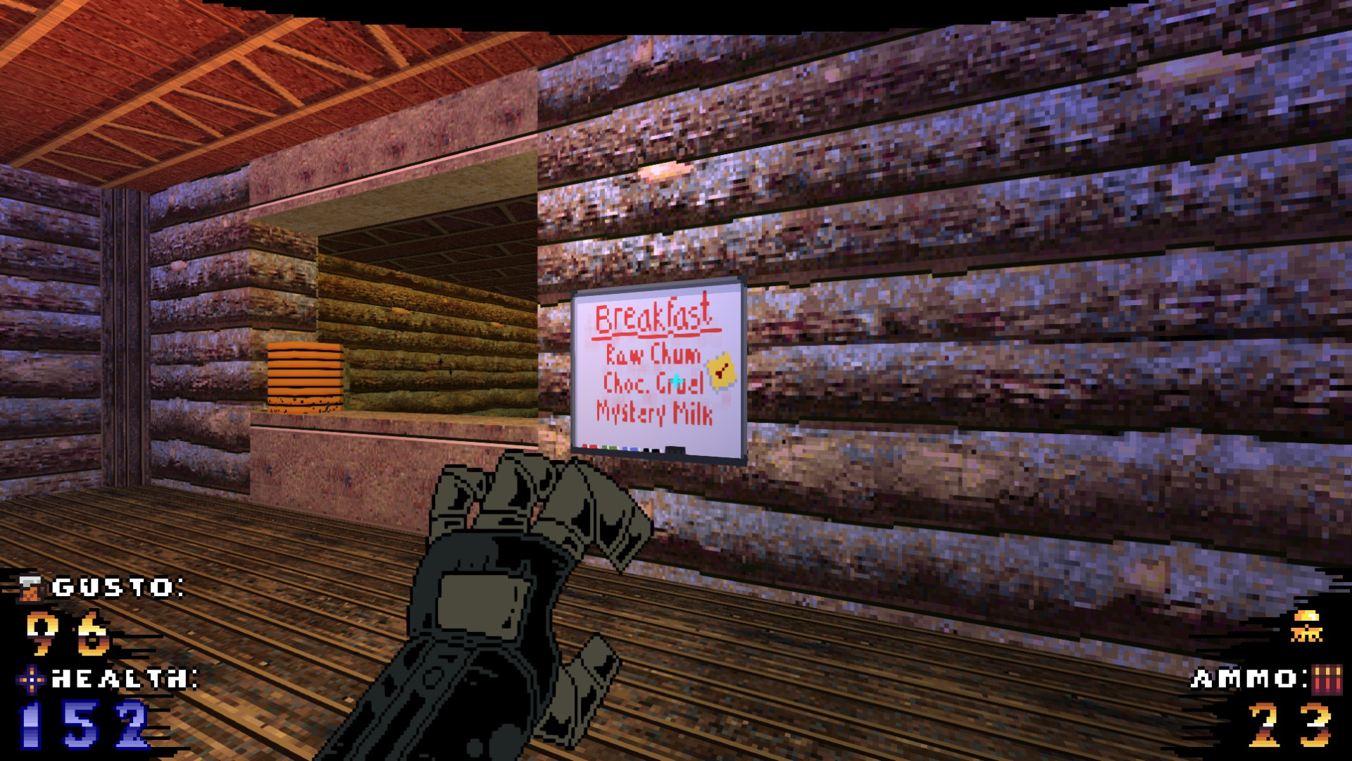 In game screenshot of a menu. The text reads, Breakfast Raw Chum Choc. Gruel Mystery Milk