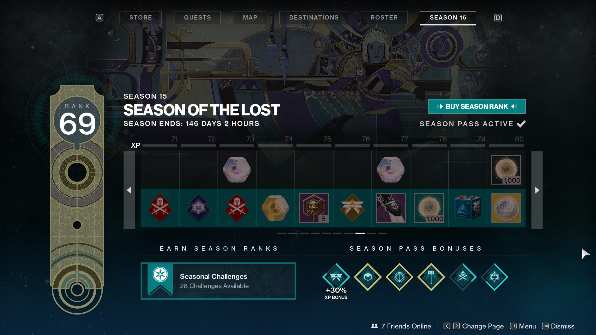 A screenshot of Destiny 2's battlepass. The season pass level is at 69.