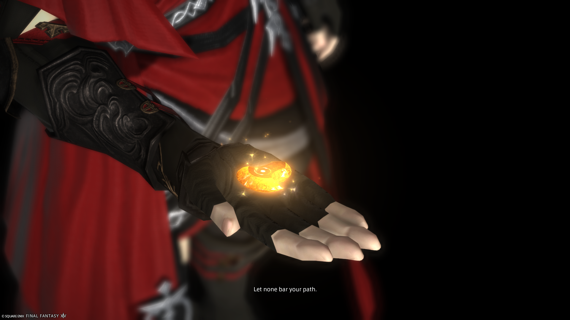 A screenshot of Final Fantasy XIV. An orange, glowing stone sits in a palm. The caption reads: Let none bar your path.