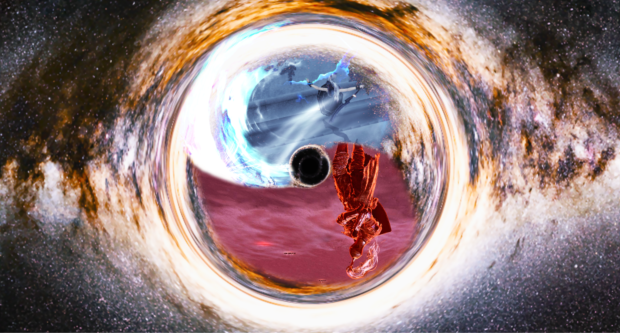 An image edit of a singularity containing a blue-tinted image of final fantasy XIV on the top half, and a red-tinted image of Elden Ring on the bottom half. The whole thing looks vaguely like the Pepsi logo.