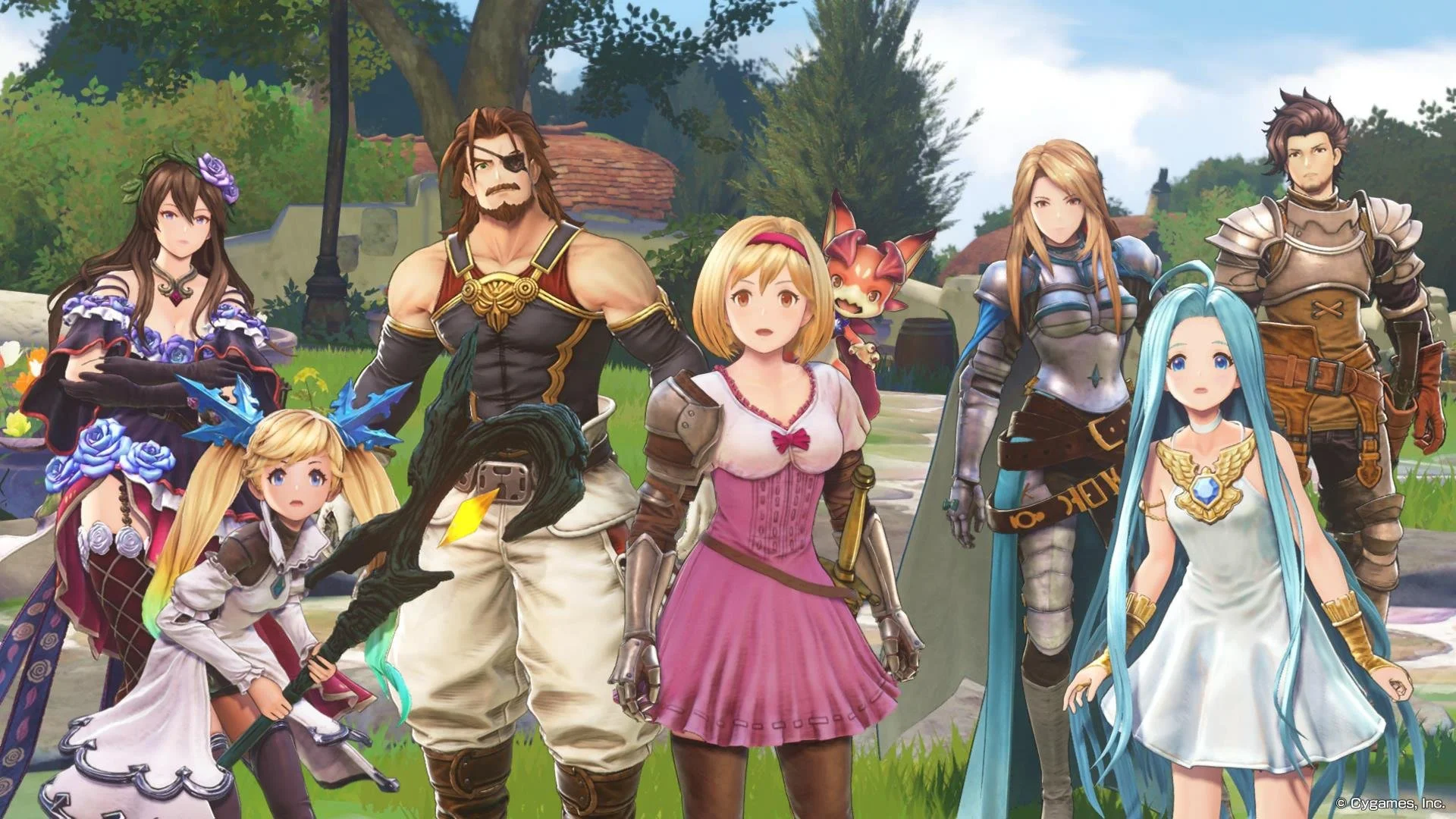 The cast of Granblue Fantasy with Djeeta at the front 