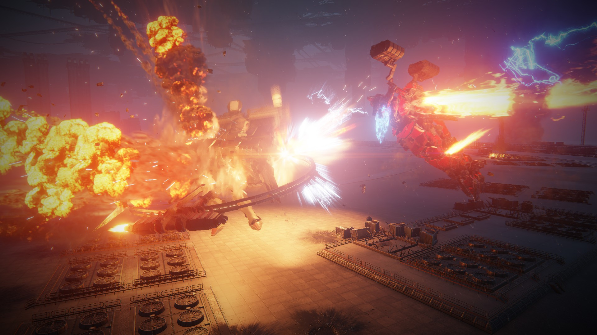 A red AC flies brandishing a blue beam weapon at an exploding boss AC.