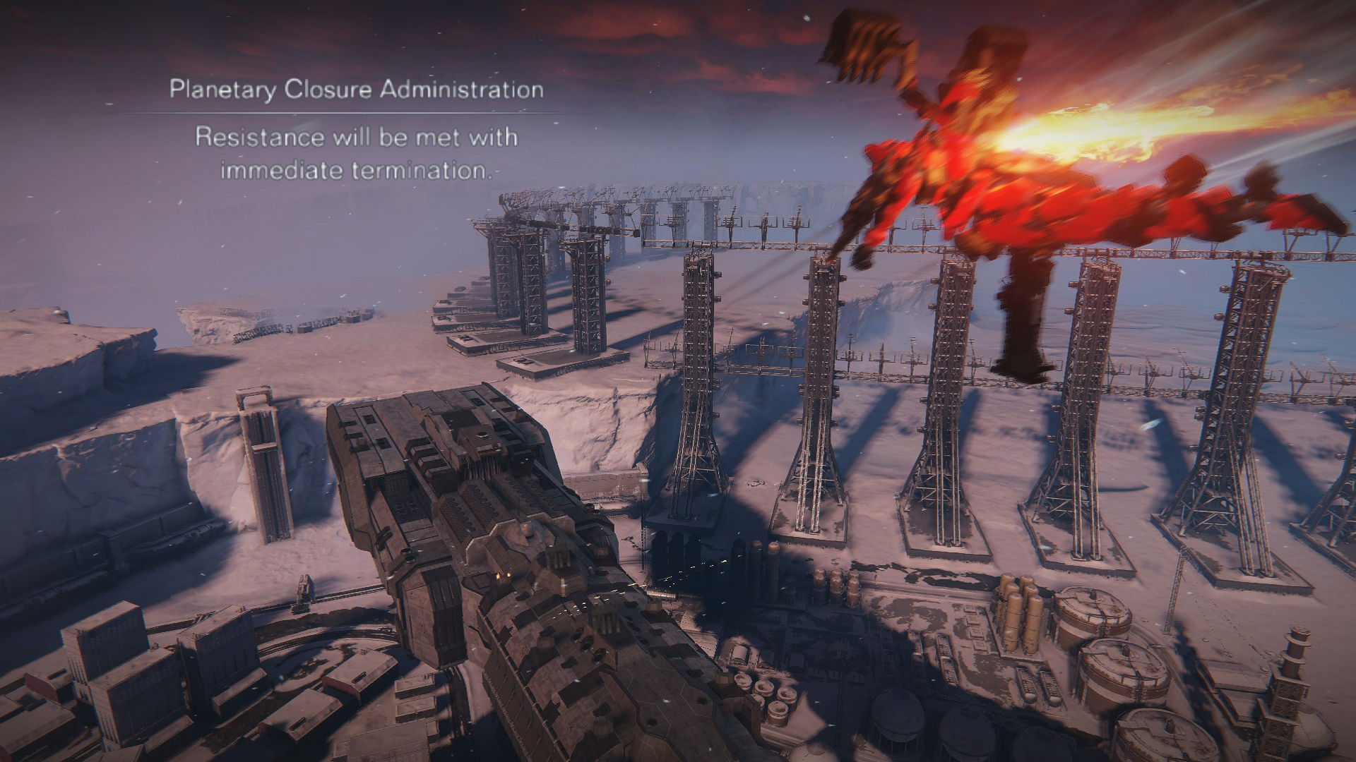 A bright-red mech flies toward a large flying craft. The text reads: Planetary Closure Administration: Resistance will be met with immediate termination.