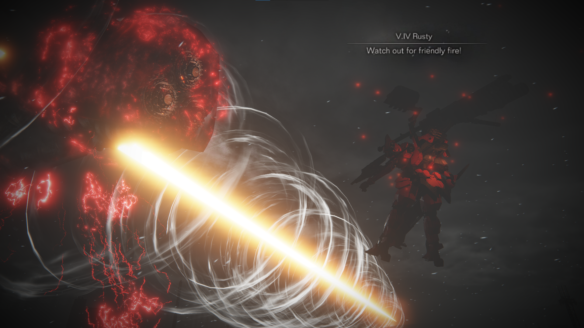 The cross continental railgun shot fires into a particularly giant worm mech. Dialogue Reads: V.IV Rusty: Watch out for friendly fire.