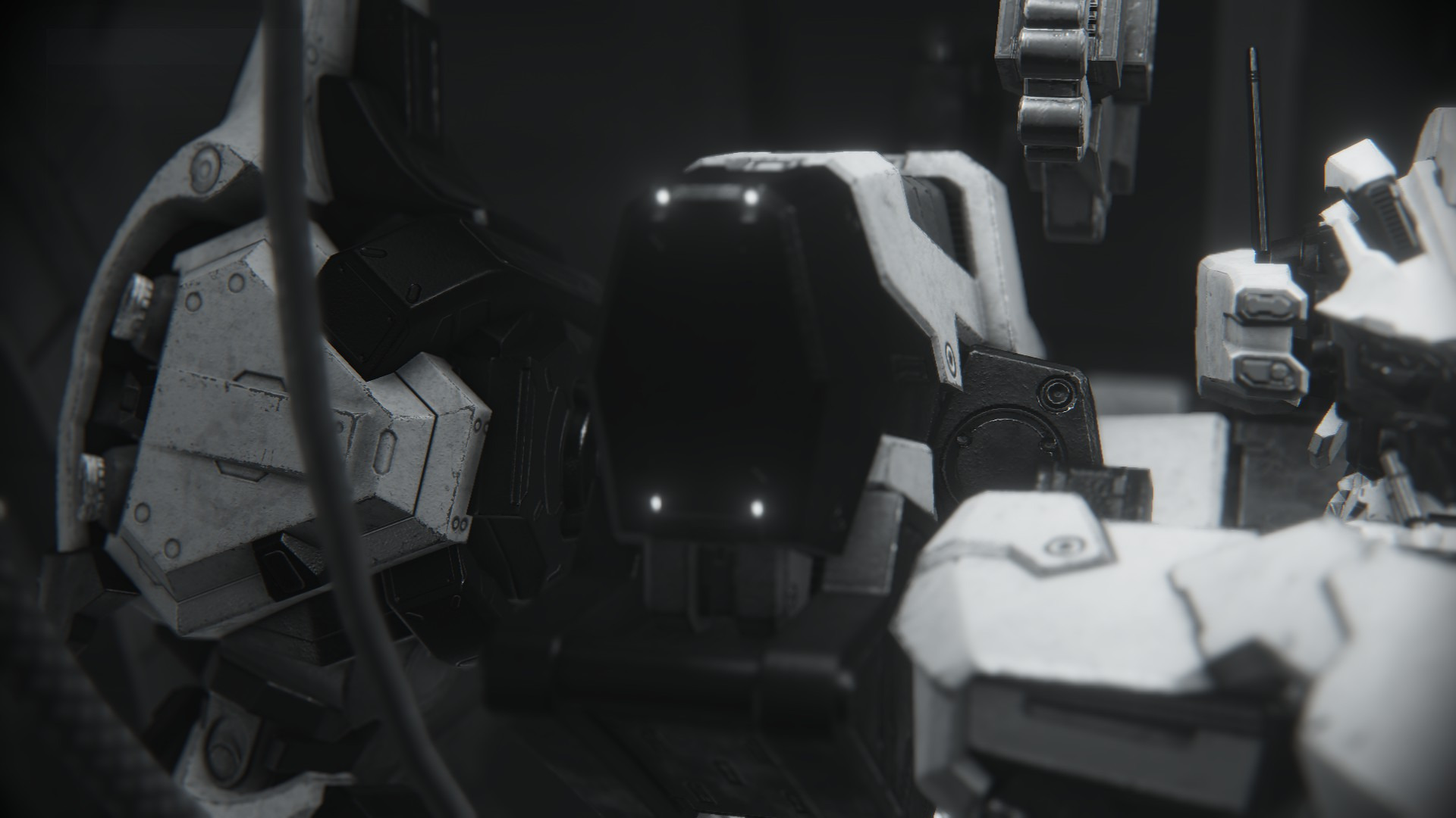 A black and white image of an AC in Armored Core 6. The image is rendered from close up and focused as to highlight the plastic, toy-like nature of the mech.
