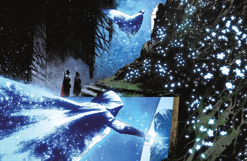 A disembodied soul floats towards a corpse embedded in a tree.