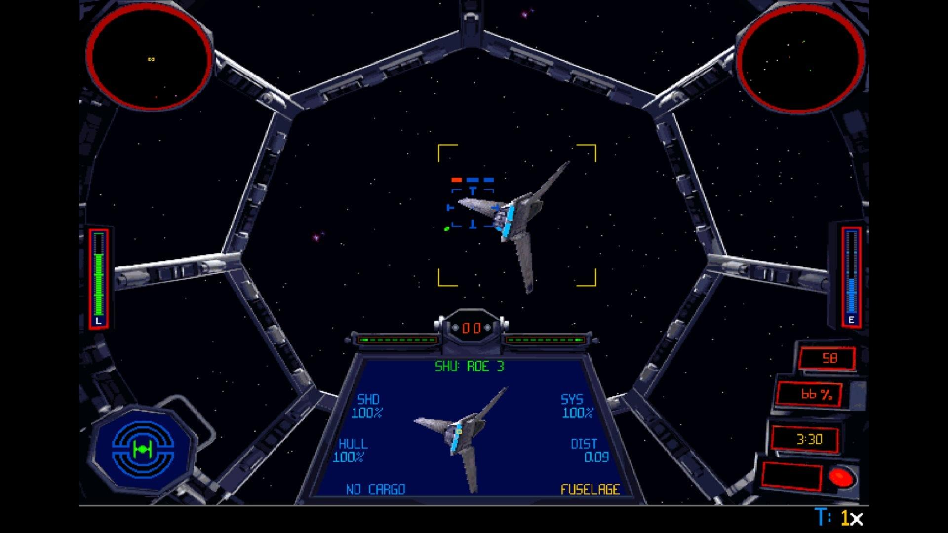 A LucasArts-era starfighter cockpit makes shields, speed and targeting part of the pilot fantasy. Gameplay screenshot: LucasArts; source: Steam Community.